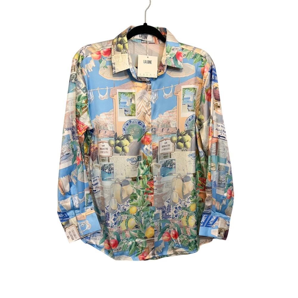 La Lune Amalfi Button Shirt Blouse M/L Blue Fruit Coastal Long Sleeve Resort NWT